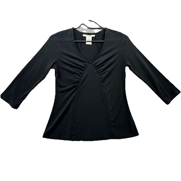 Free People Tops - Free People Black Ruched V-Neck Top Women's Small Stretch 3/4 Sleeve Blouse‎